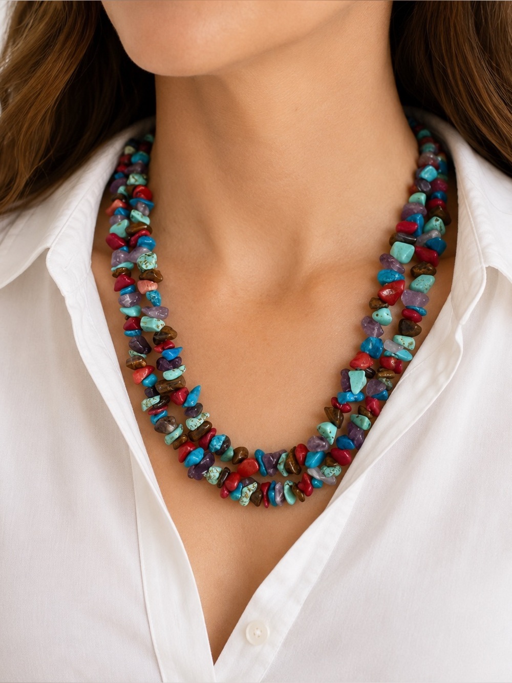 ATI Faux Turquoise Coral Tiger Eye Necklace Sterling Silver Clasp